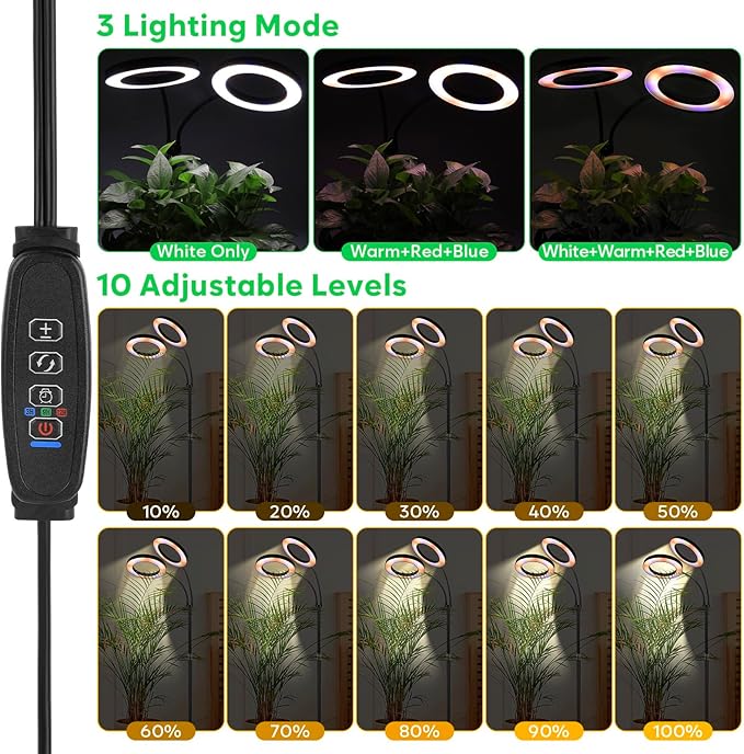 Dual-Head Grow Lights for Indoor Plants LED Full Spectrum Floor Plant Lamp with Timer 3/9/12H 10 Dimmable Levels Flexible Gooseneck Height Adjustable 23-67 for Large Houseplants