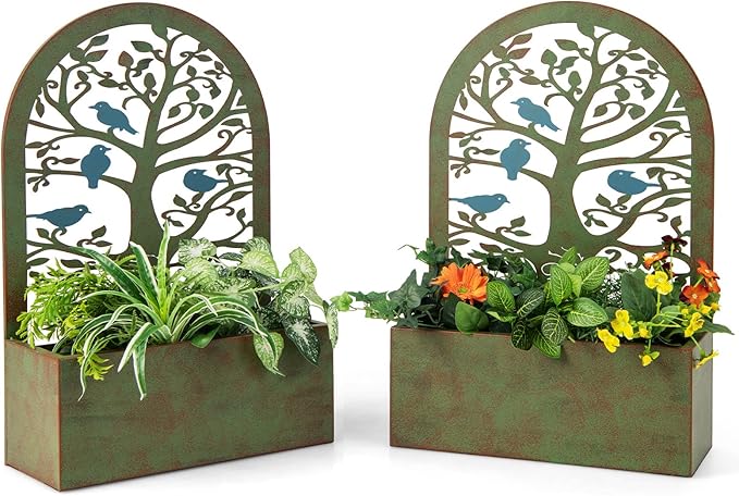 Giantex Raised Garden Bed Set of 2 - Wall-Mounted &amp Freestanding Decorative Planter Boxes with Trellises Heavy-Duty Metal Elevated Bed for Climbing Plants Outdoor Indoor Planter for Yard Balcony
