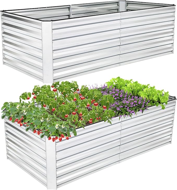 6x3x2FT Raised Garden Bed Kit Galvanized Planter Raised Garden Boxes Outdoor w/Anti Cutting Strip &amp A pair of gloves Deep Root Raised Planter for Vegetables Fruits Flowers and Herbs Silver
