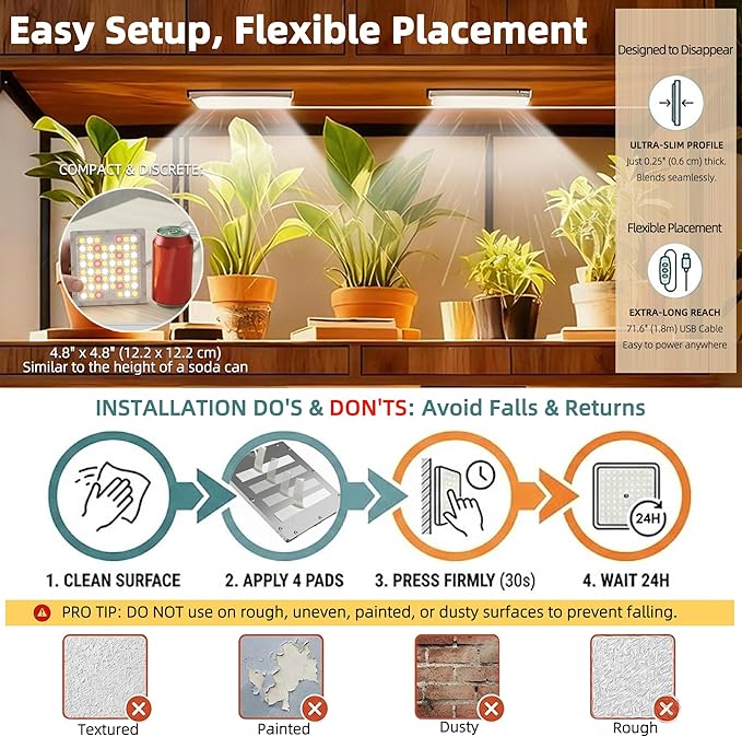Dual Head LED Grow Light for Indoor Plants Full Spectrum Under Cabinet Plant Light for Shelves High PPFD Spotlight Puck with Timer &amp Dimmer Stick-On Lamp for Succulents Plant Stands &amp Wide