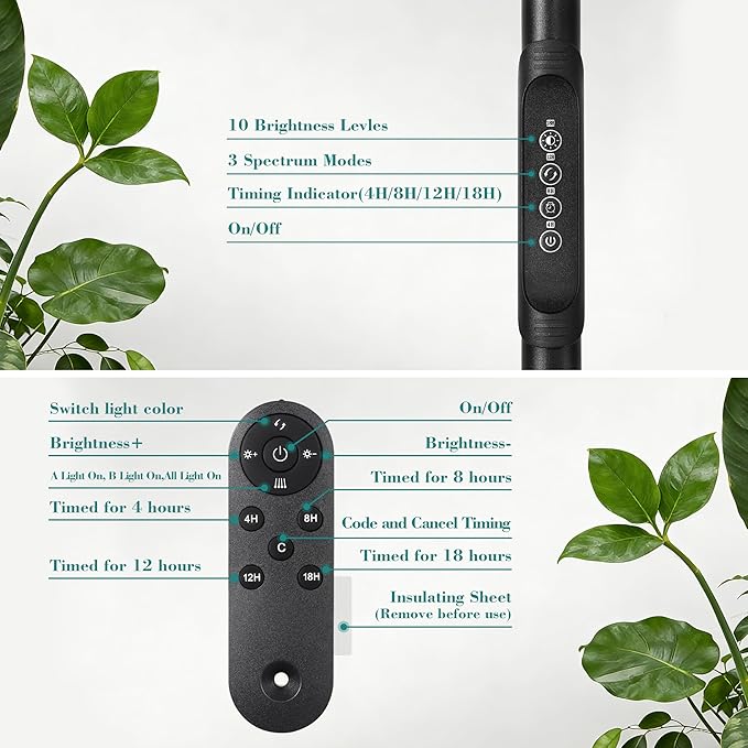 Dual Head Grow Light for Indoor Plants Full Spectrum Floor Standing Plant Light Remote Control &amp 4/8/12/18H Timer 3 Modes 10 Dimmable Levels Stable Base for Tall Plants Succulents Herbs Black