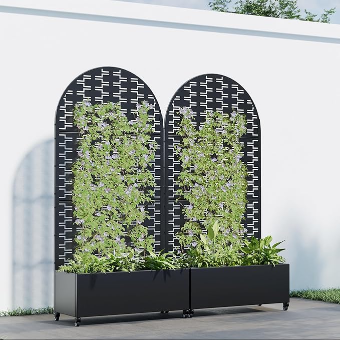 Casaphoria 72x35 Metal Raised Garden Bed with Trellis(2 Pack) Outdoor Planter Box with Wheels &amp Drainage Holes for Climbing Plants Elevated Garden Kit with Privacy Screen Black Brick Arched