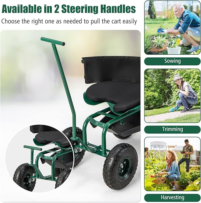 Goplus Rolling Garden Seat with Wheels Outdoor Garden Cart with 360° Swivel Seat &amp Tool Storage 2 Steering Handles Gardening Stool Wagon Scooter Lawn Patio Gardening Workseat for Seniors