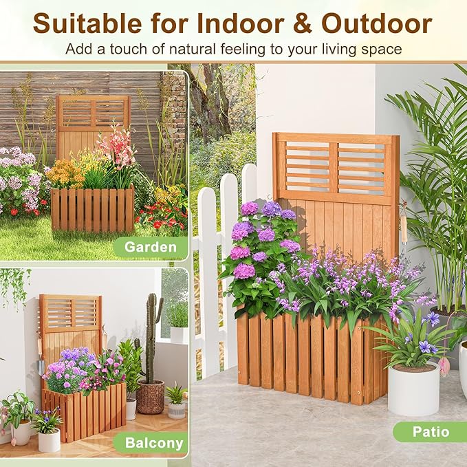 HAPPYGRILL Raised Garden Bed Wooden Planter w/Trellis &amp Privacy Screen for Hanging Pot Plants Outdoor Elevated Planter Box w/Slatted Bottom &amp 2 Side Hooks for Balcony Patio Garden (1)