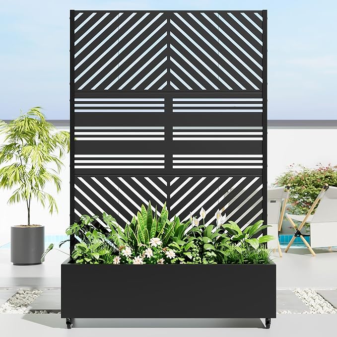 Casaphoria Metal Raised Garden Bed with Trellis and Wheels 72x47x16 Planter Box for Climbing Plants Vegetables &amp Vines Features Drainage Holes and Privacy Screen Black(Parallel&ampHarold)