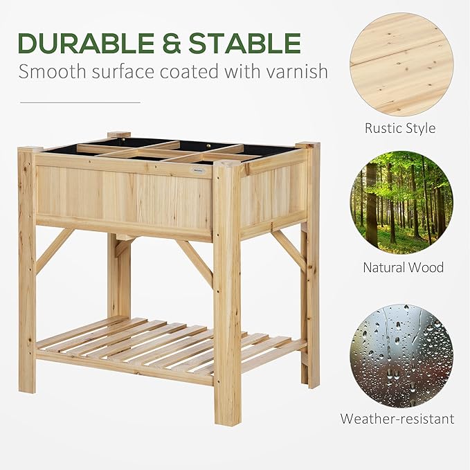 Outsunny Raised Garden Bed Wood 6 Grid 31 x 23 with Storage Shelf Water Draining Planter Box for Vegetables Flowers Herbs Patio