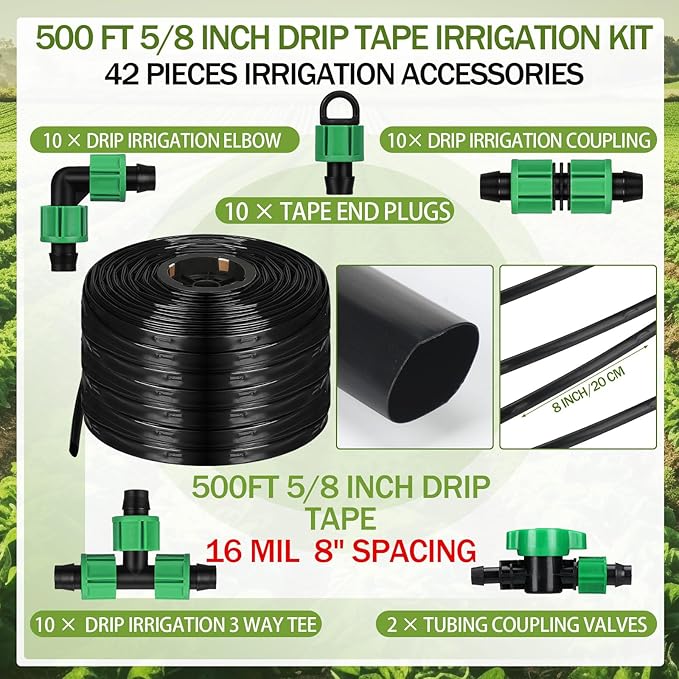 500 ft 5/8 Inch Drip Tape Irrigation Kit Drip Tape 16 Mil 8 Spacing Hose Garden Watering Tubing System Automatic Irrigation Equipment for Plant Landscape Yard Lawn and Farm