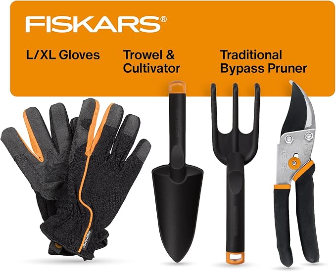 Fiskars House Plant Starter Tool Gift Set with Bypass Pruner Trowel Cultivator and L/XL Garden Gloves Accessories for Indoor Gardening (4 Piece Kit)