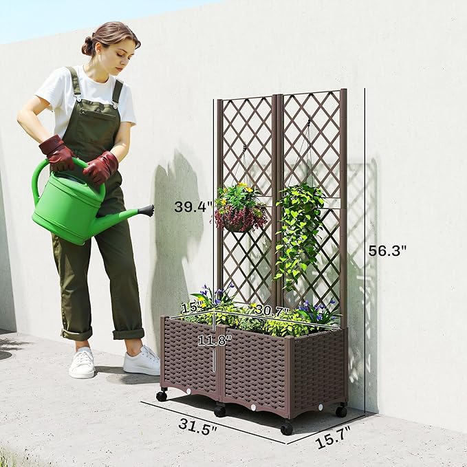 Outsunny Planter Box with Trellis Self Watering Raised Garden Bed with Lockable Wheels 56.3 Trellis Privacy Planter with Drainage Holes for Climbing Plants Vines Vegetables Flowers Brown