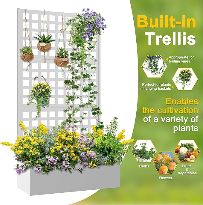 FENCY Metal Raised Garden Bed with Trellis Planter Box with Trellis Garden Box for Climbing Plants Vegetable 35''Lx16''Wx71''H Metal Garden Bed with Drainage Holes(White)