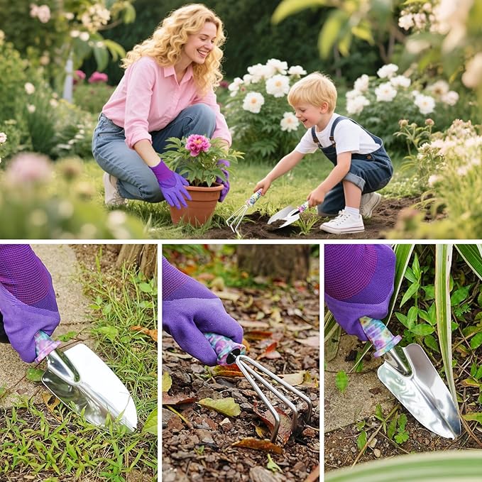 Garden Tool Set 17-Piece Garden Tools with Floral Print 304 Stainless Steel Garden Tools Set Gardening Kit Gardening Gifts for Women Purple