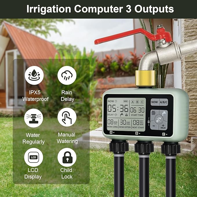 Watering Timer 3 Zone with Brass Inlet Sprinkler Timer Programmable Garden Outdoor Hose Faucet Timers with Rain Delay Auto &amp Manual Watering SystemWater Hose Irrigation Timers 3 Outlet for Gar