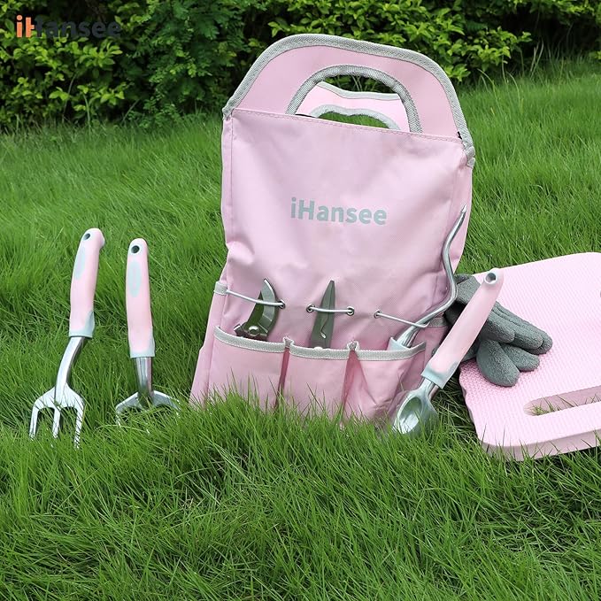 Pink Garden Tool Sets 12 Pieces iHansee Aluminum Gardening Hand Tools with Non-Slip Handle Kneeling Pad Apron Gloves and Organizer Bag Landscaping Tools - Gift for Women &amp Garden Enthusiasts