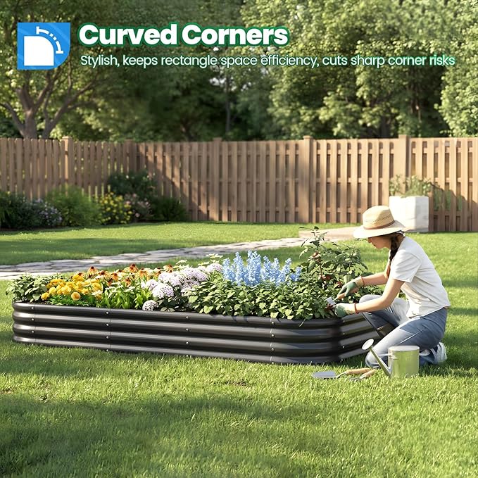 Quictent Galvanized Raised Garden Bed Kit 8x4x1 ft Oval Metal Planter Box for Vegetables Strengthened by Crossbar Dark Gray 2PCS