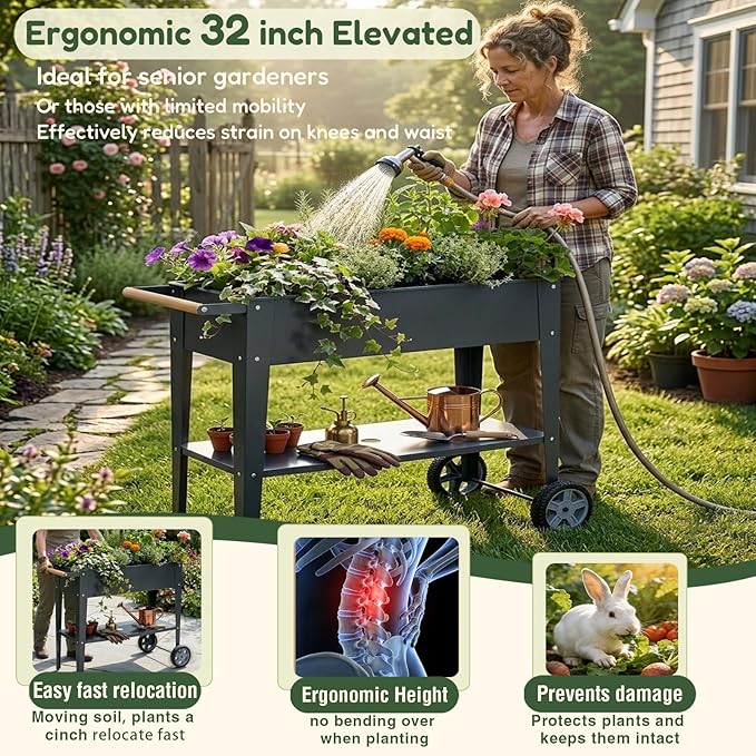 Raised Garden Bed Outdoor with Wheels &amp Legs for Mobility Solid Lower Storage Shelf &amp Wooden Handle Metal Elevated Raised Planter Box for Backyard Balcony 400lb Cap.(Light Black 36 inch)