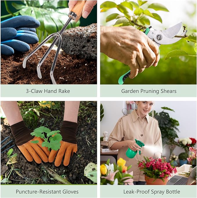 Gardening Tools Set of 10 Heavy Duty Stainless Steel Garden Hand Tools with Floral Tote Bag Rust-Proof Garden Tools for Gardening Gardening Gifts for Women Men and Plant Lover