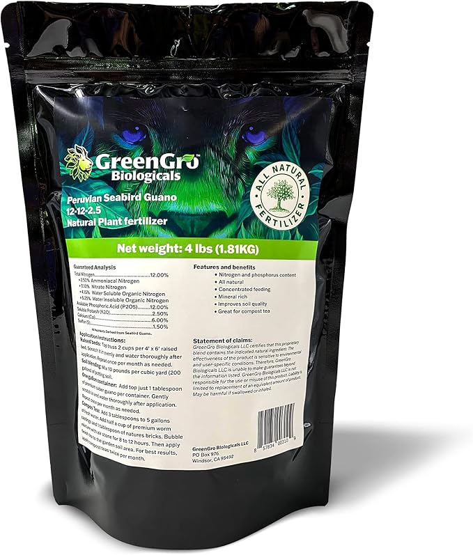 GreenGro Peruvian Seabird Guano Organic Plant Fertilizer with Nutrients for Indoor and Outdoor Plants Hydroponic Gardens Soil Mix and Compost Tea