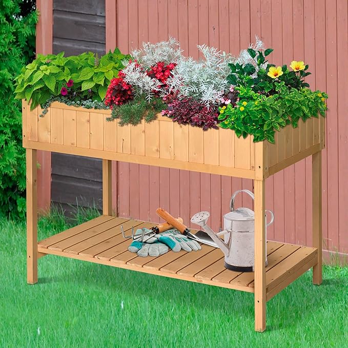 43x18x30in Raised Garden Bed with 8 Pockets and Shelf Wooden Elevated Planter Box with Legs to Grow Herbs Vegetables and Flowers Natural
