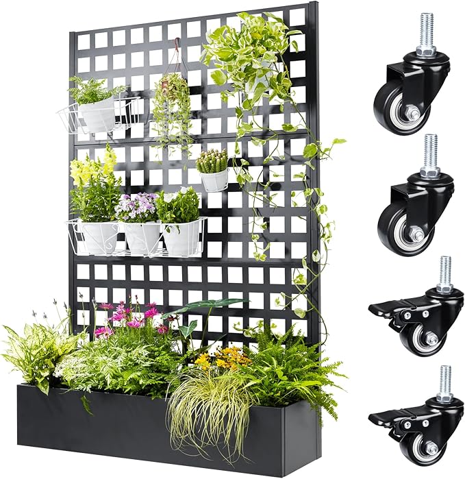 Metal Planter Box with Trellis 71x47x16 Raised Garden Bed Outdoor with Privacy Screen &amp Lattice Trellis &amp Lockable Casters Vertical Garden Box with Drainage Hole for Climbing Plants Vege