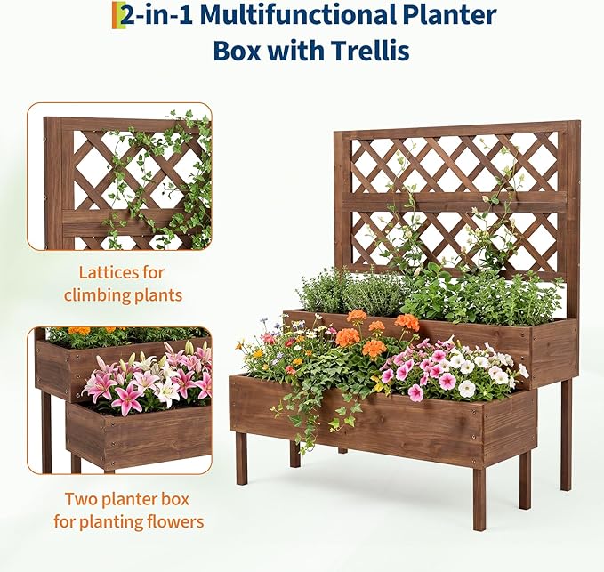 GarveeLife Wood Planter Box with Trellis 41.93x22.44x52.95 Tall Raised Garden Bed with Drainage Holes Vertical Flower Stand for Patio Horticulture Brown