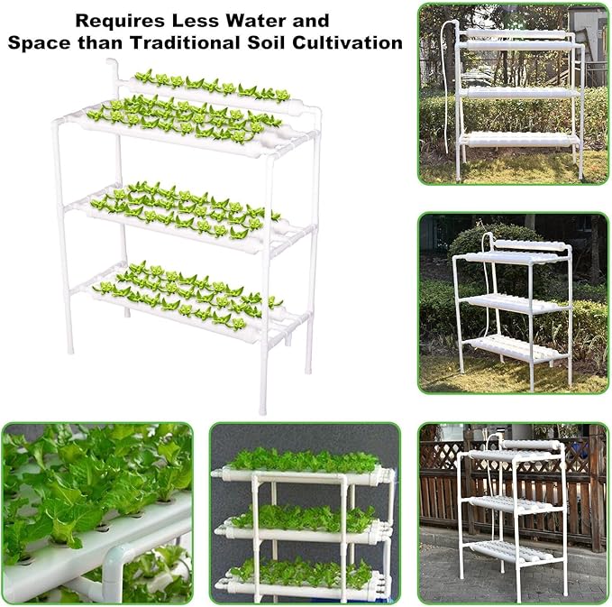 Hydroponics Growing System 108 Pods | 3 Layers 10 Food-Grade PVC-U Pipes | Indoor Gardening System with Water Pump &amp Timer | Nest Basket and Sponge for Leafy Vegetables