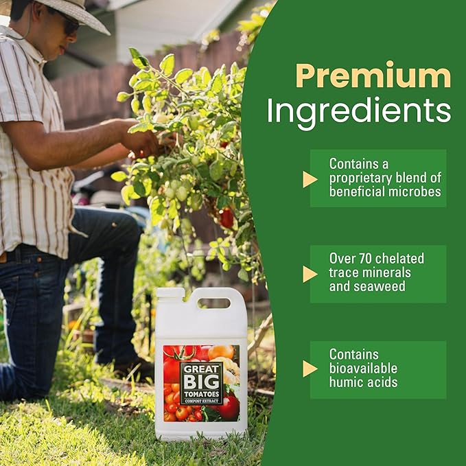 Great Big Tomatoes Soil &amp Fertilizer Booster for Big Vegetable Yields Better Fertilizer &amp Plant Food Efficiency and Garden Performance. Perfect for Beginners.1 Gallon Concentrate (Makes 32 G