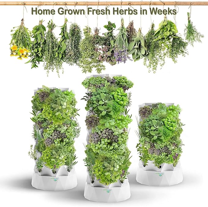 Hydroponics Tower Aquaponics Grow System Aeroponics Growing Kit for Fruits and Vegetables with Hydrating Pump Timer Adapter Seeding Bed &amp Net Pots 64holes