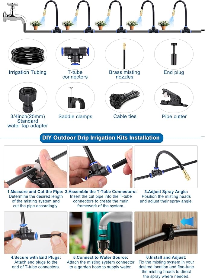 Mornajina Automatic Drip Irrigation Kits Garden Irrigation System Includes 50FT 5/16 inch Irrigation Tubing Hose &amp 15Pcs 360° Bending Dropper Atomizing Mist Nozzles Tee for Garden Watering System