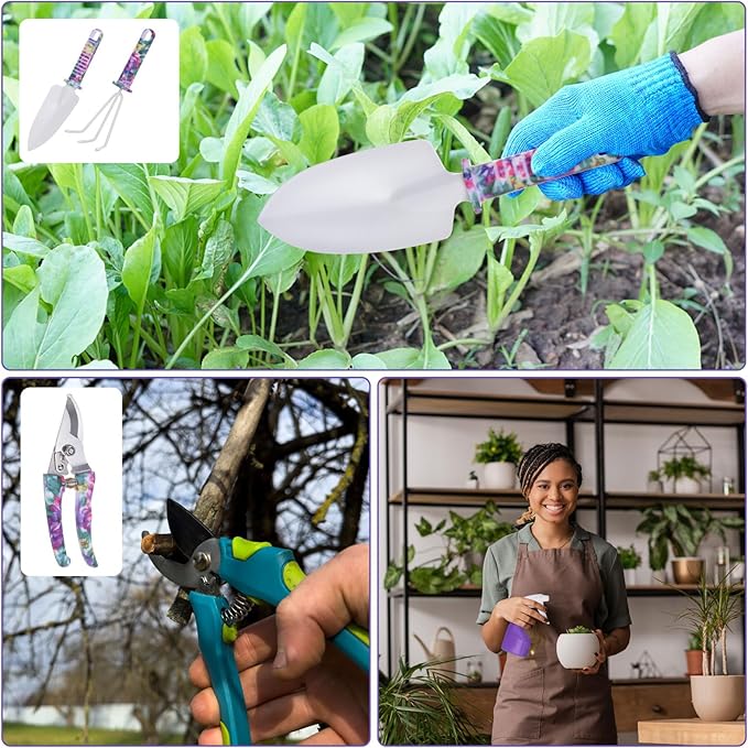 HARFINGTON 1 Set Garden Tool Set 5 Pieces Plastic Gardening Planting Tools Kits with Shovels Rake Cultivator Water Sprayer and Store Case Purple