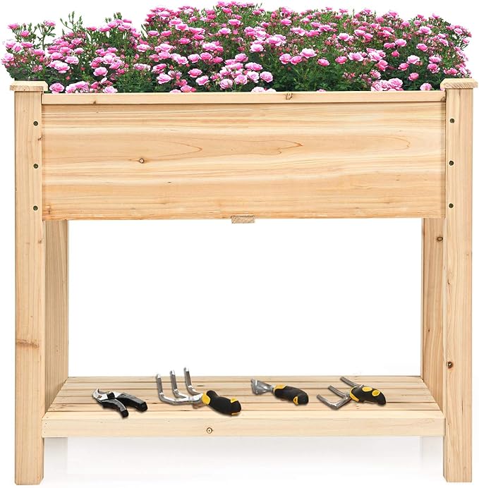 S AFSTAR Raised Garden Bed with Storage Shelf Elevated Cedar Wood Planter Box with Legs Outdoor Gardening Planting Bed for Vegetables Flower Herb Grow Great for Backyard Patio Lawn