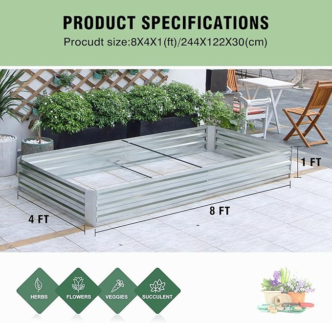 Galvanized Garden Bed Outdoor Raised Garden Bed for Vegetables Flowers and Herbs Planting Boxes Metal Planter Boxes Large Galvanized Steel Raised Bed Kit 8x4x1ft Planter Raised Beds