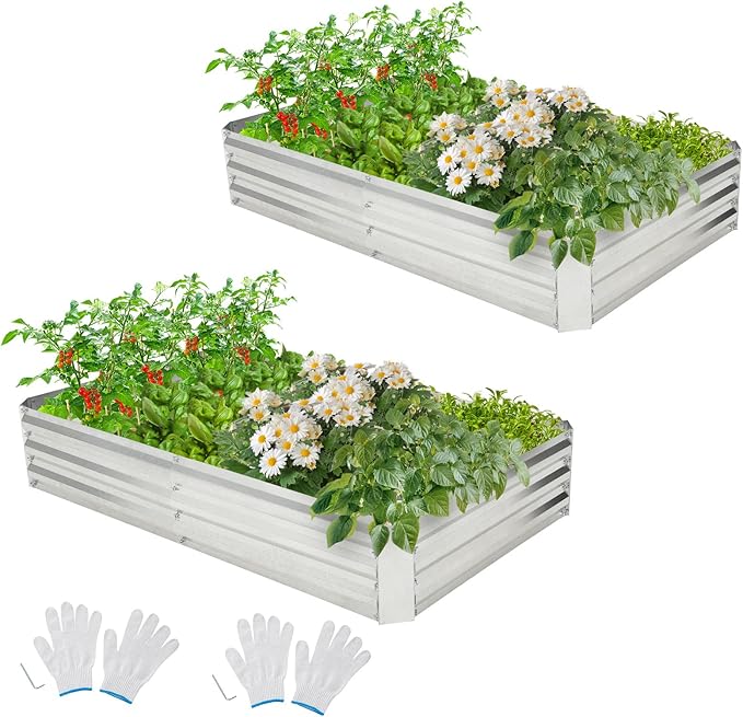 Giantex 2 Pcs Galvanized Raised Garden Bed 6x3x1ft Large Metal Planter Box with Gloves Outdoor Bottomless Planter Raised Bed Kit for Vegetables Flowers Herbs Fruits Silver