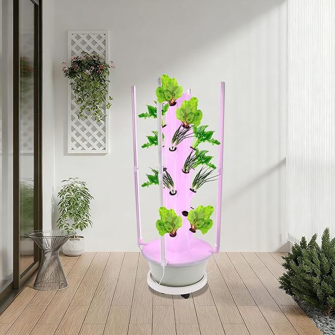 28 Holes 7 Tier Hydroponic Growing Tower Indoor Vertical Garden Kit w/LED &amp Timer 7.92Gal Tank Auto Water Circulation Space-Saving. Grow Flowers Veggies Herbs Strawberries. Easy Assembly