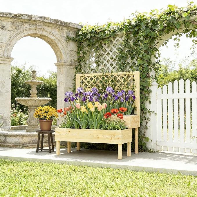 Planter with Trellis Raised Garden Bed for Seniors No Bending 42.5 Elevated Wood Planter for Back Pain Relief Decorative Privacy Screen Natural Fir