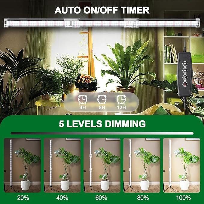 Super-Bright 48 T10 Plant Lamp 6000k Full Spectrum Standing Grow Light 3 Modes &amp 5 Dimming Levels Timer 4/8/12H12V/3A High Power Output for Large &amp Tall Indoor Plants