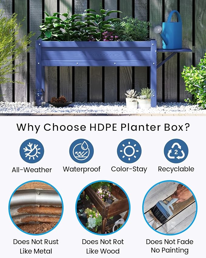 HDPE Raised Garden Bed with Legs 49x21x27in All-Weather Heavy Duty Planter Box Outdoor Elevated Garden Bed for Seeds Herb Flower Vegetable (Navy Blue)