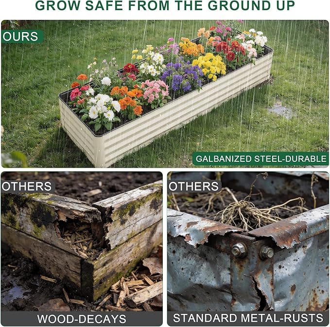 Galvanized Raised Garden Bed – 1 Pack 8x2x1 Ft Patented Leak-Proof Planter Box Outdoor Gardening Metal Raised Garden Beds Kits for Veggies Herbs &amp Flowers (White)