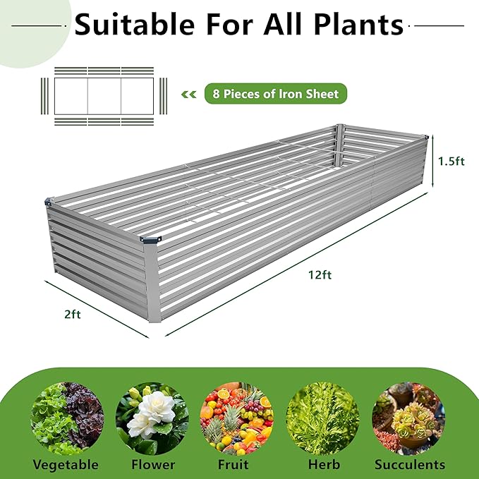 12x2x1.5FT Galvanized Raised Garden BedVegetable Boxes-Rectangle Metal Flower BoxLarge Planter Raised Beds Outdoor Garden for PlantingFruitHerb-Silver