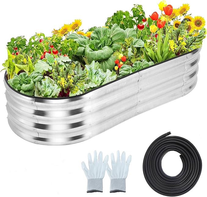 4.5x2x1 FT Oval Raised Garden Bed 2 Pcs Galvanized Raised Beds for Outdoor Planter Raised Boxes with Open-Ended BaseLarge Metal Raised Planter Beds for VegetablesFlowersTool-Free AssemblySilver