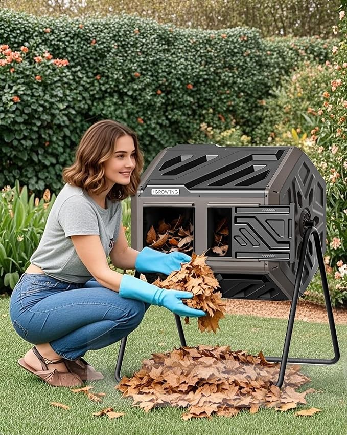THEGROW'ING Updated 43 Gallon Compost Bin Outdoor Fast Assemble Tumbling Composter Dual Chamber Composter Tumbler Rotating Compost Bin for Outside Backyard Garden and Yard Coffee