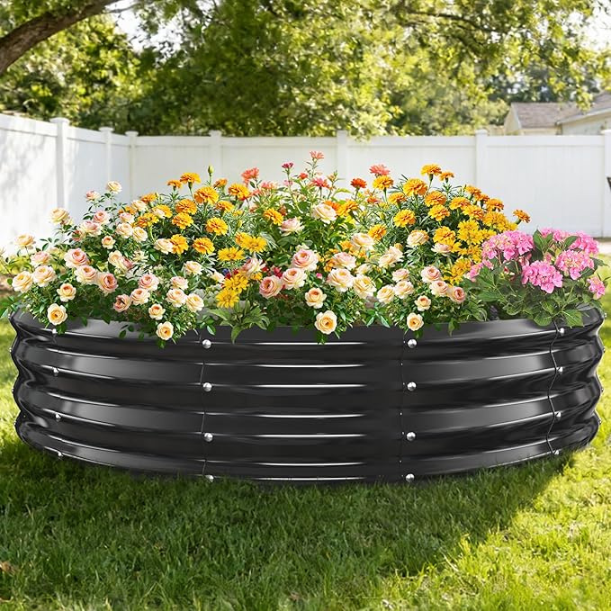12 Inch Tall Heavy-Duty Round Steel Rised Garden Bed – Wave-Shaped Design Galvanized Metal Planter Box for Vegetables Flowers Succulent at Patio/Garden Outdoor (Black 60 Diameter)