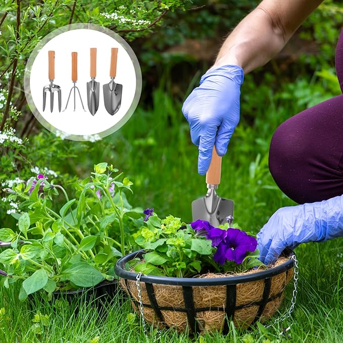 POPETPOP Gardening Tools Set 4-Piece Garden Tool Set Shovel Rake Trowel Hand Shovel Perfect for Planting Digging Cultivating