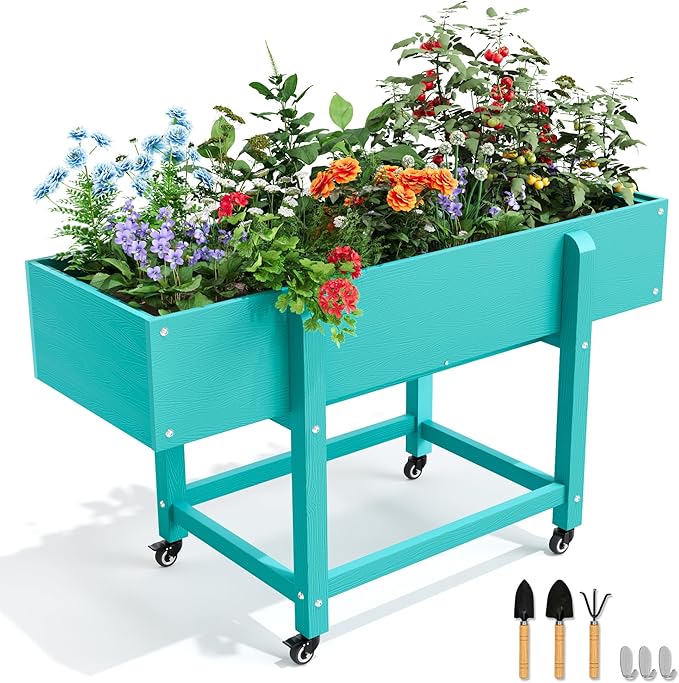 LUE BONA Raised Garden Bed with Wheels 48 * 16.7 * 28 in Poly Elevated Outdoor Planter Box with Tools Weather Resistant Standing Growing Bed Herb Planter for Vegetable Flowers Fruits