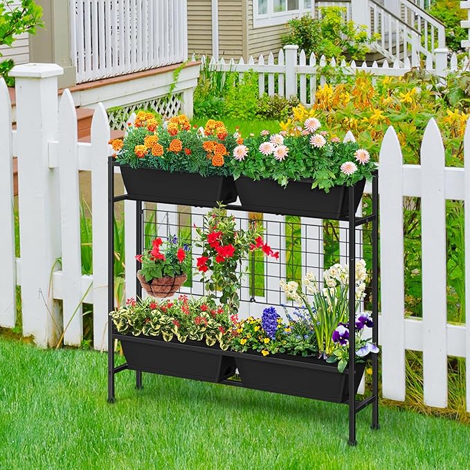 OYEAL Raised Garden Bed 32 Tall Elevated Planter Boxes with Trellis &amp Legs Standing Herb Garden Planter Outdoor for Gardening Vegetables Flowers Herbs Backyard Black