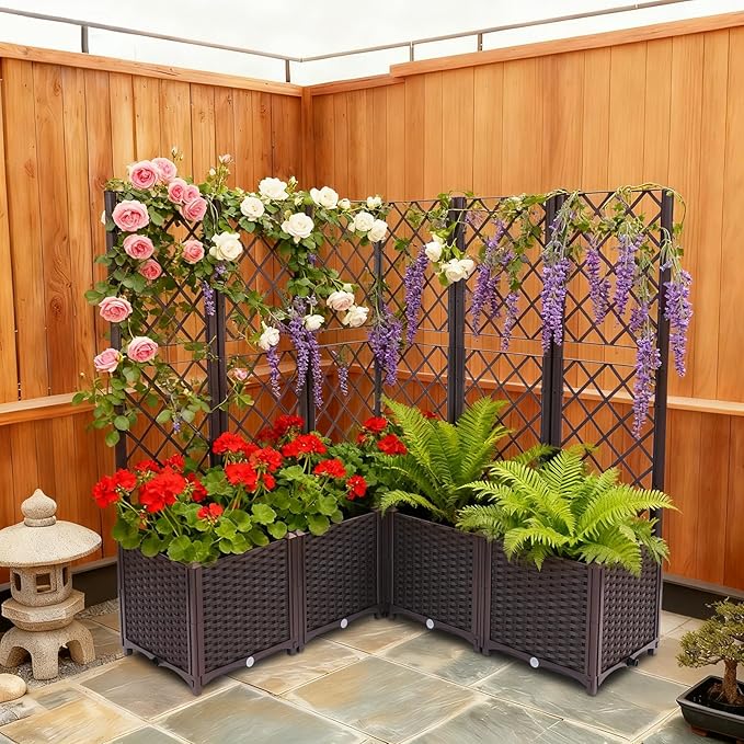 5 PCS Plastic Plant Sturdy Raised Garden Bed with Trellis 56 H Horticulture Outdoor Raised Box Privacy Screen for Patio Balcony Garden Planter Box for Backyard Patio (Brown)