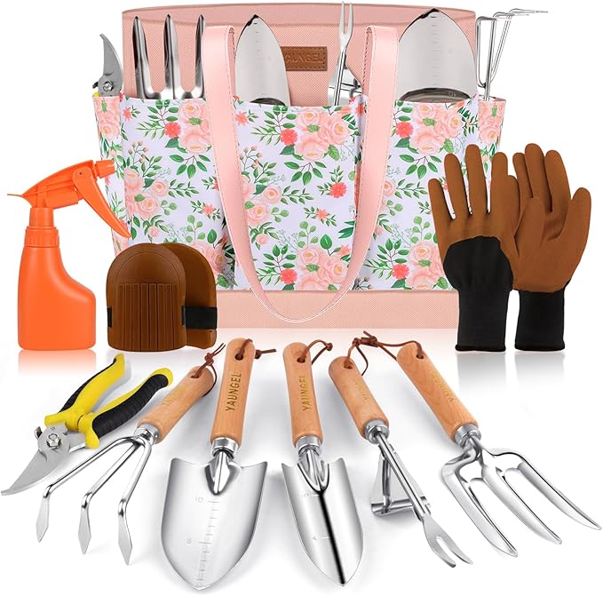 Gardening Tools - YAUNGEL 10 Pcs Garden Tool Set Heavy Duty Stainless Steel Gardening Supplies Hand Tools with Wooden Handle Storage Tote Bag Ideal Garden Gifts for Women and Men Pink