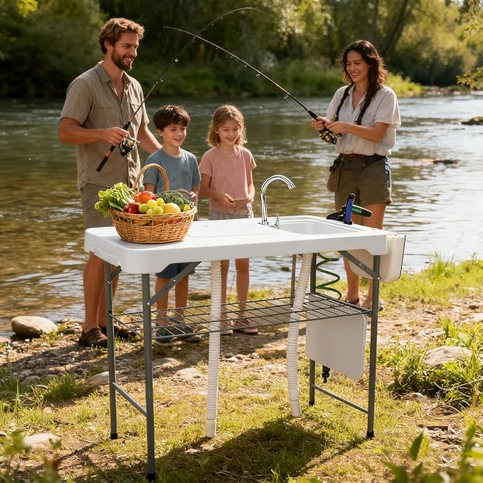Fish Cleaning Table with 2 Sinks &amp Grid Rack - 42.5” Outdoor Fish Fillet Cleaning Station for Camping Patio Kitchen RV &amp Beach