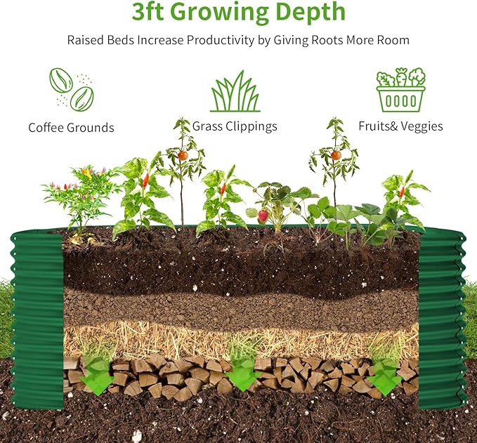 Land Guard 6x3x3ft Oval Galvanized Raised Garden Beds Large-Capacity Metal Planter Box Outdoor Durable Deep Raised Garden Bed 3ft Tall Raised Beds for Gardening Vegetables Forest Green
