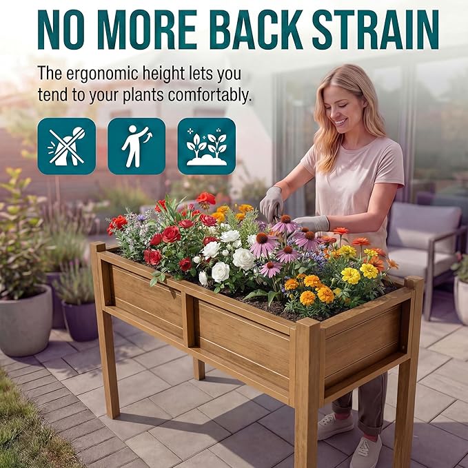 YITAHOME Elevated Garden Bed HDPE Raised Garden Bed with Legs &amp Drainage Hole Poly-Wood Weatherproof Elevated Planter Box Patio Planters for Vegetables Flowers Plant Bed for Garden Teak