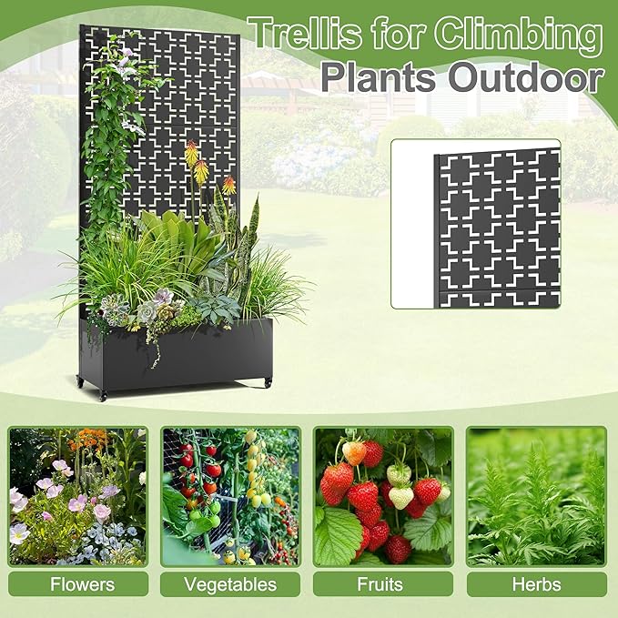 Raised Garden Bed with Trellis and Wheels73x35x16 Metal Raised Garden BedBlack Squared Metal Planter with Climbing Trellis for Vines &amp Vegetables